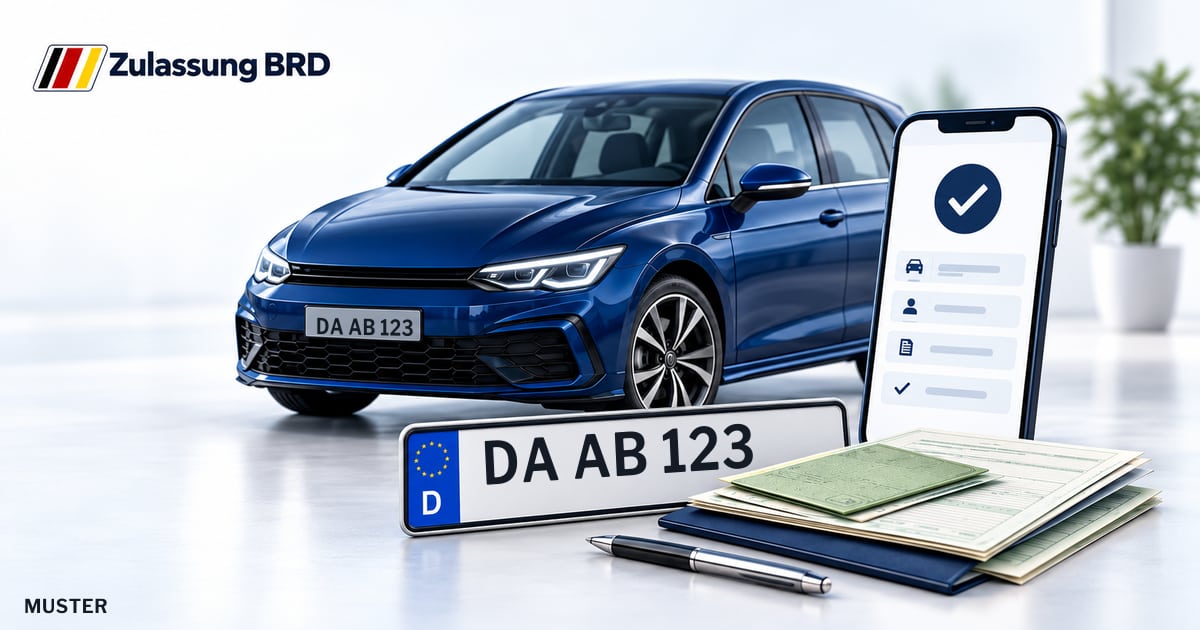 Online Fahrzeugzulassung in Alsbach-Hähnlein: Musterkennzeichen DA AB 123, Auto und Fahrzeugpapiere und Smartphone. Illustration mit Logo von Zulassung BRD.